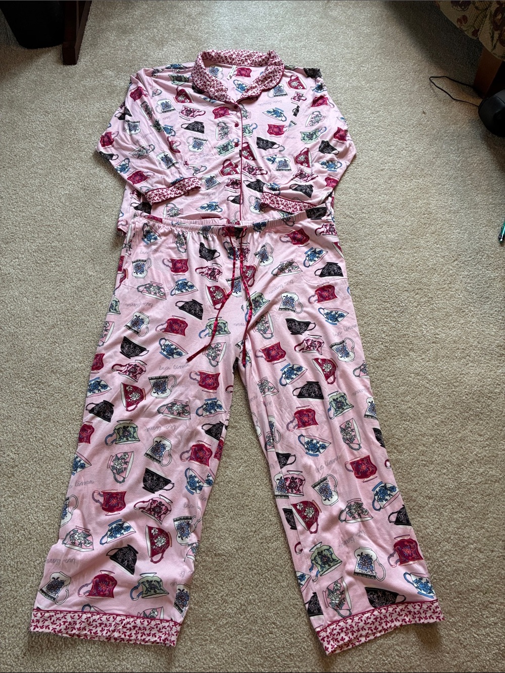 Flora Nikrooz Pink Cup & Teapot Print Two-Piece Pajama size xxl